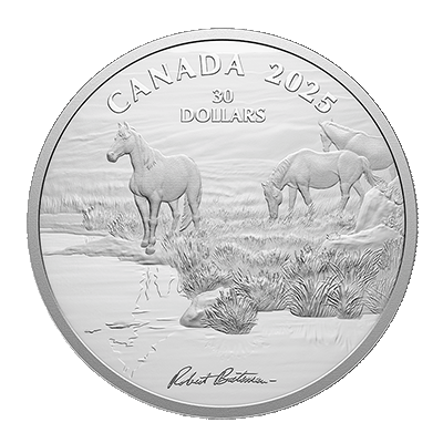 A picture of a 2 oz Mustang Country By Robert Bateman Silver Coin (2025)